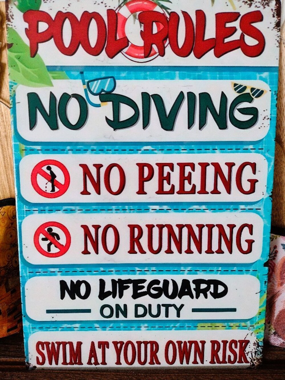 Metal Sign Pool Rules Goggles Posted No Diving Lifeguard Running Peeing